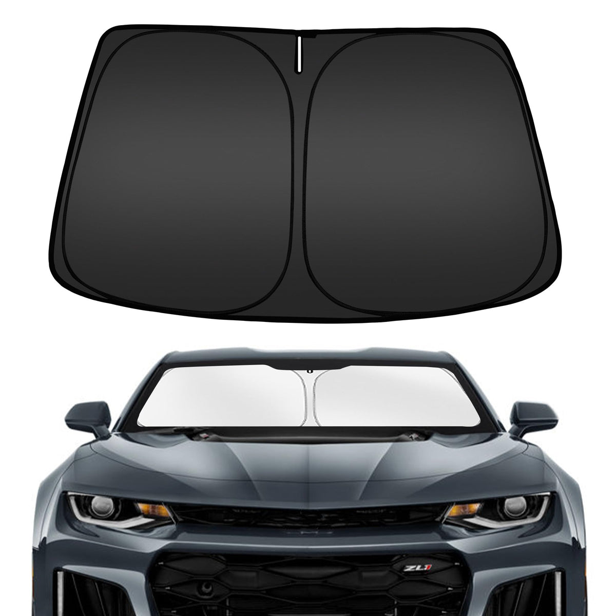 ARISMOTOR front view of sun shade on Camaro showing full coverage benefit