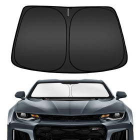 ARISMOTOR front view of sun shade on Camaro showing full coverage benefit