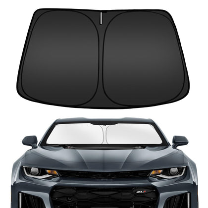 ARISMOTOR front view of sun shade on Camaro showing full coverage benefit
