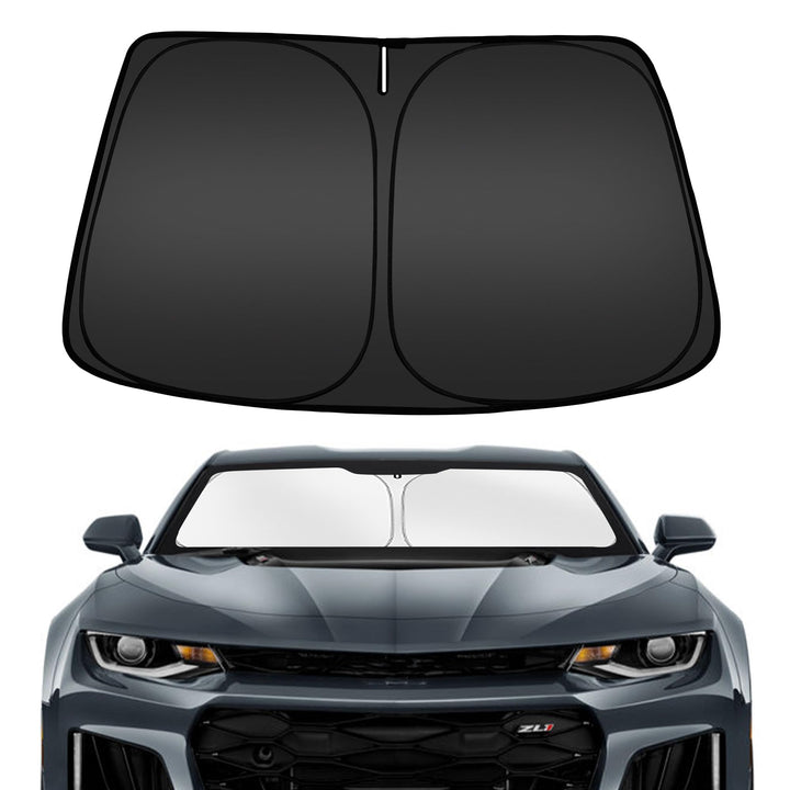 ARISMOTOR front view of sun shade on Camaro showing full coverage benefit
