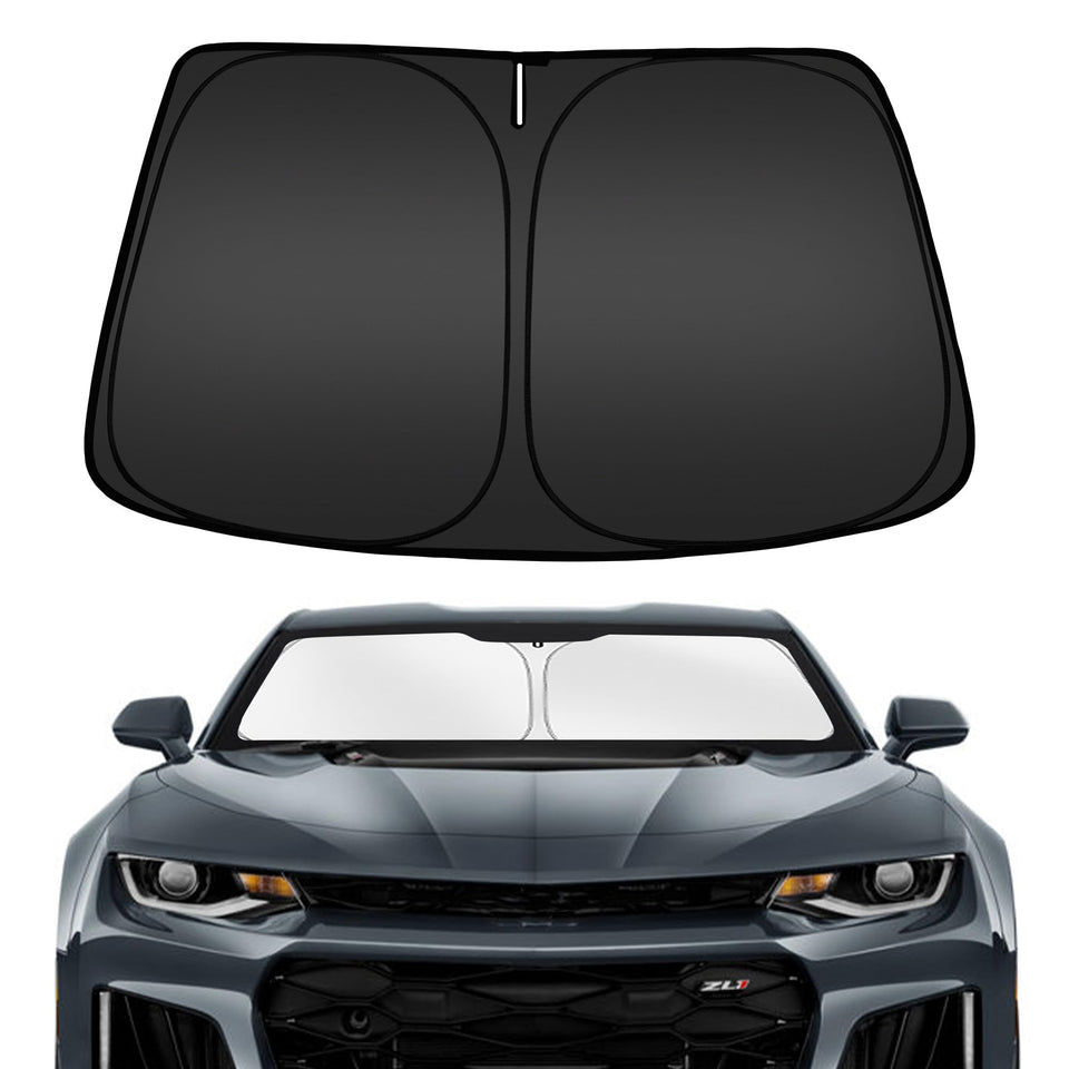 ARISMOTOR front view of sun shade on Camaro showing full coverage benefit