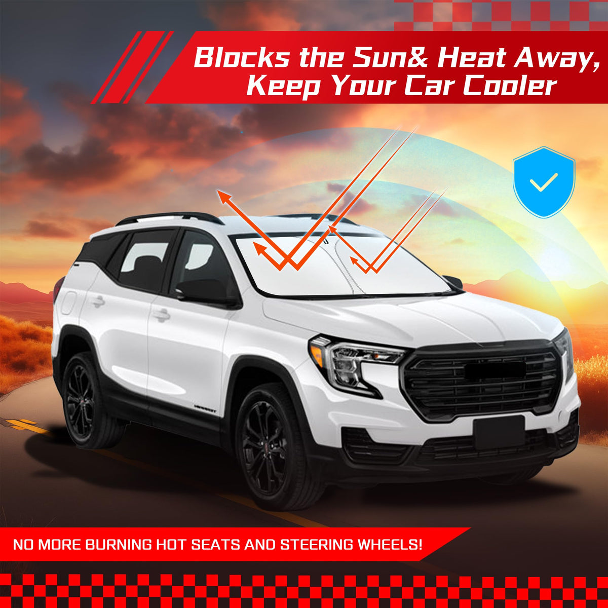 ARISMOTOR lifestyle shot of GMC Terrain parked with shade reducing cabin heat