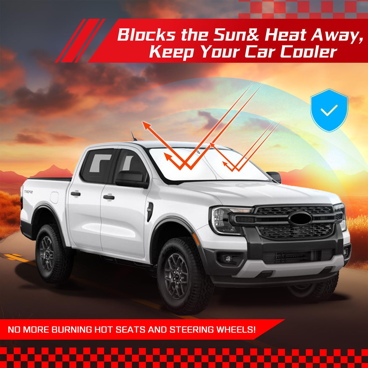 ARISMOTOR lifestyle shot with parked Ranger illustrating sun protection benefit