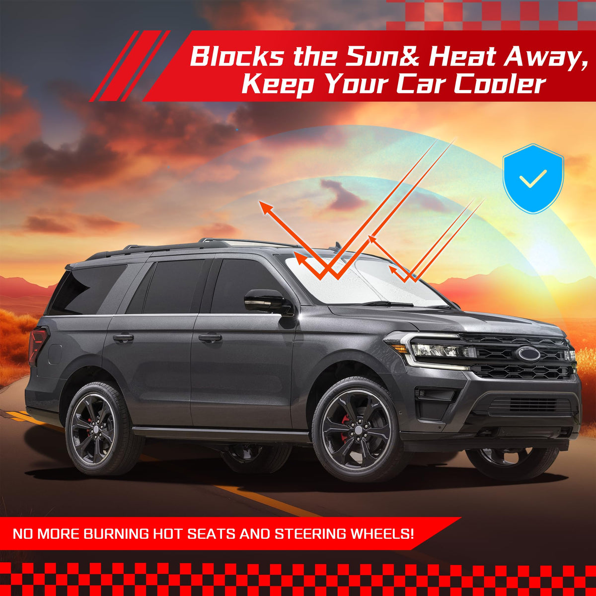 ARISMOTOR lifestyle shot of parked Expedition with shade protecting interior