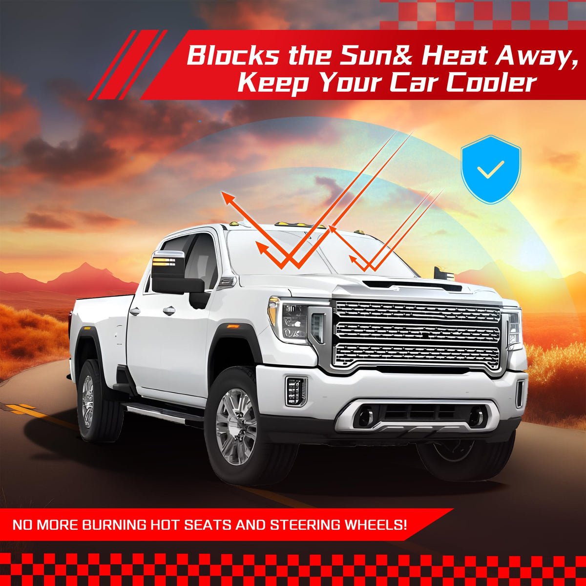 ARISMOTOR lifestyle image of parked truck with shade reducing cabin heat
