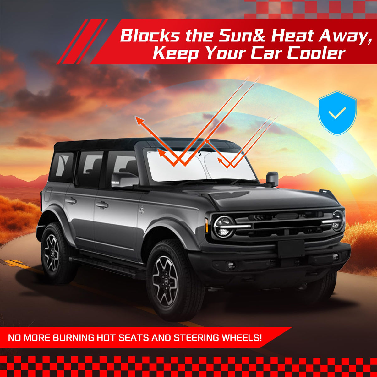 ARISMOTOR lifestyle image of Bronco parked under shade reducing cabin heat