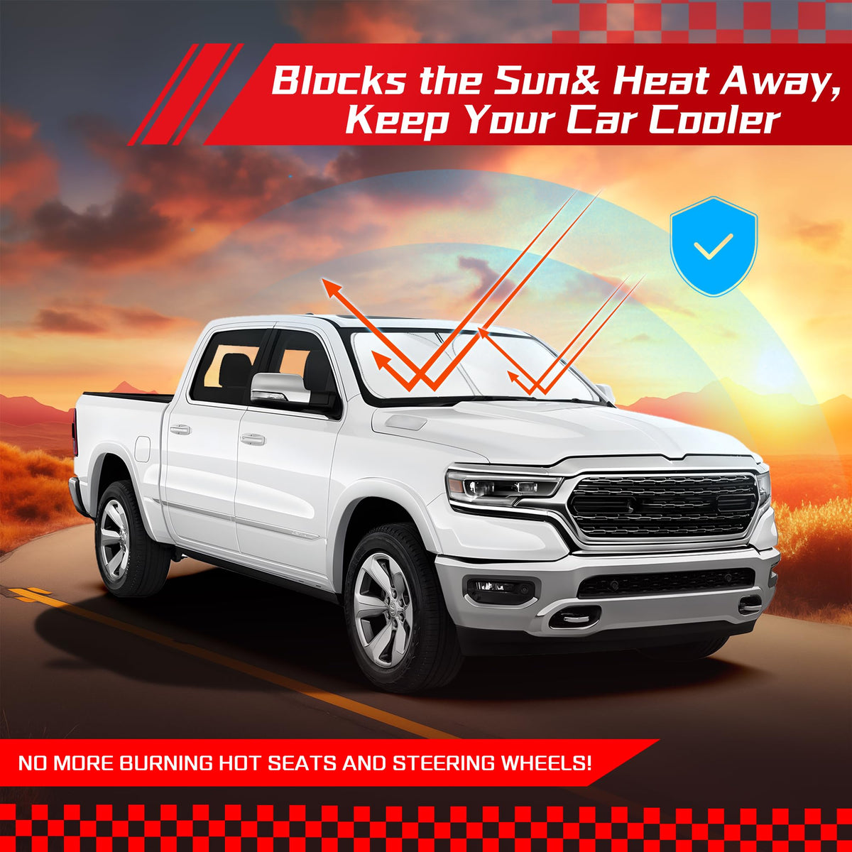 ARISMOTOR lifestyle shot of parked Ram 1500 protected from sun damage