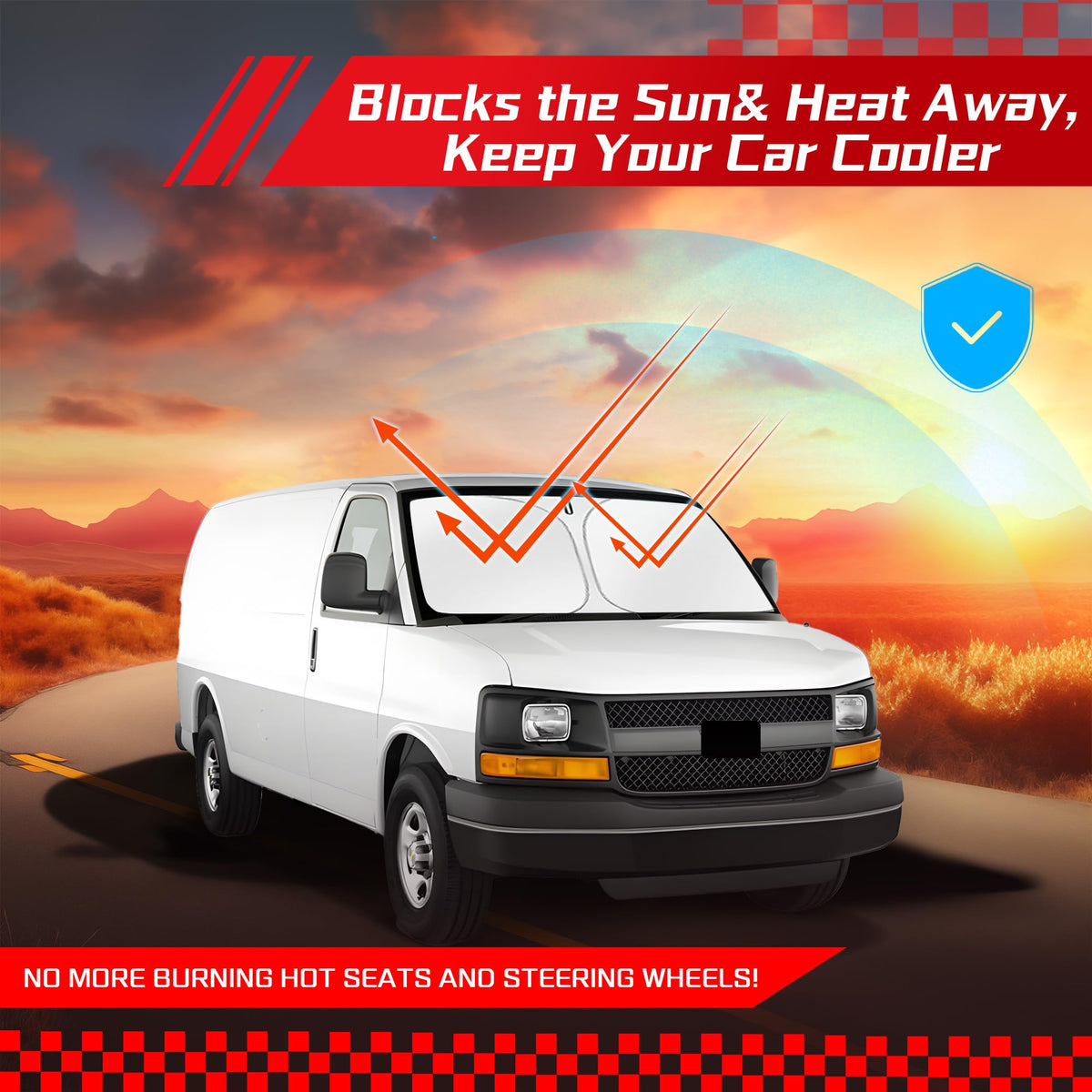 ARISMOTOR shaded parked van in driveway illustrating Cooler interior and UV defense