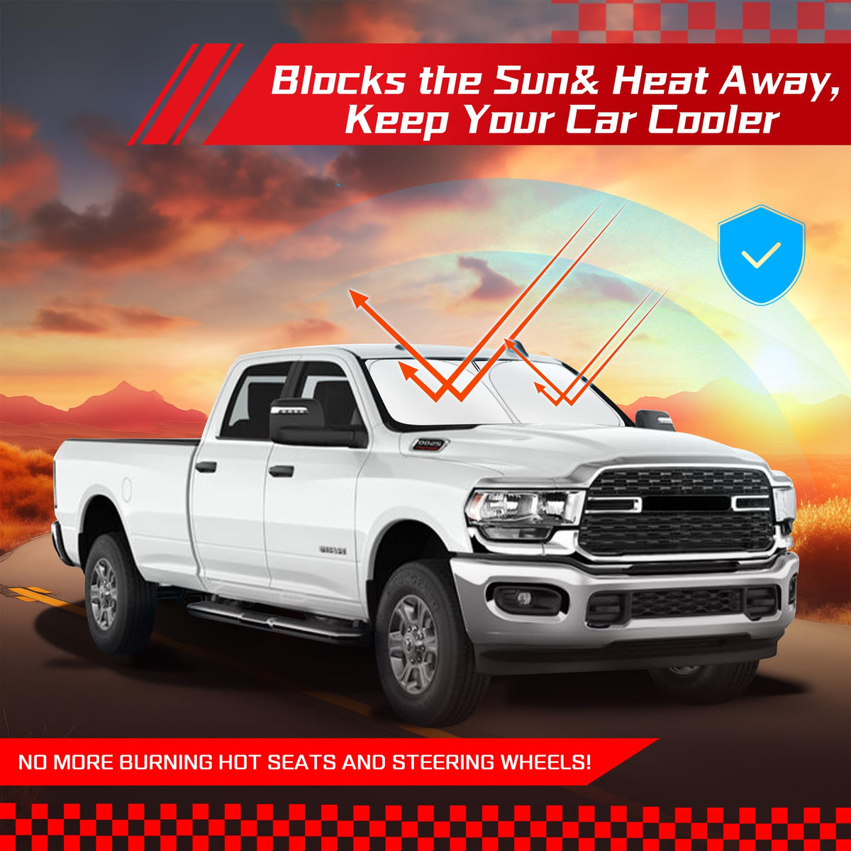 ARISMOTOR in a parking lot on truck windshield suggesting heat reduction benefit
