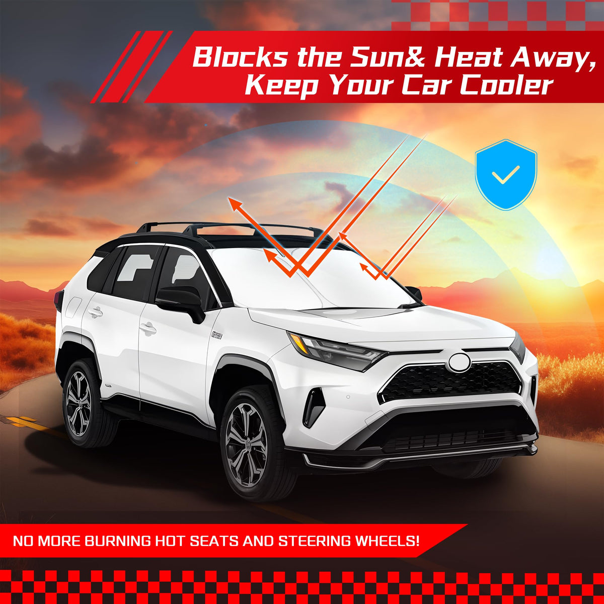 ARISMOTOR lifestyle scene in parked RAV4 showing sun protection and interior preservation benefit