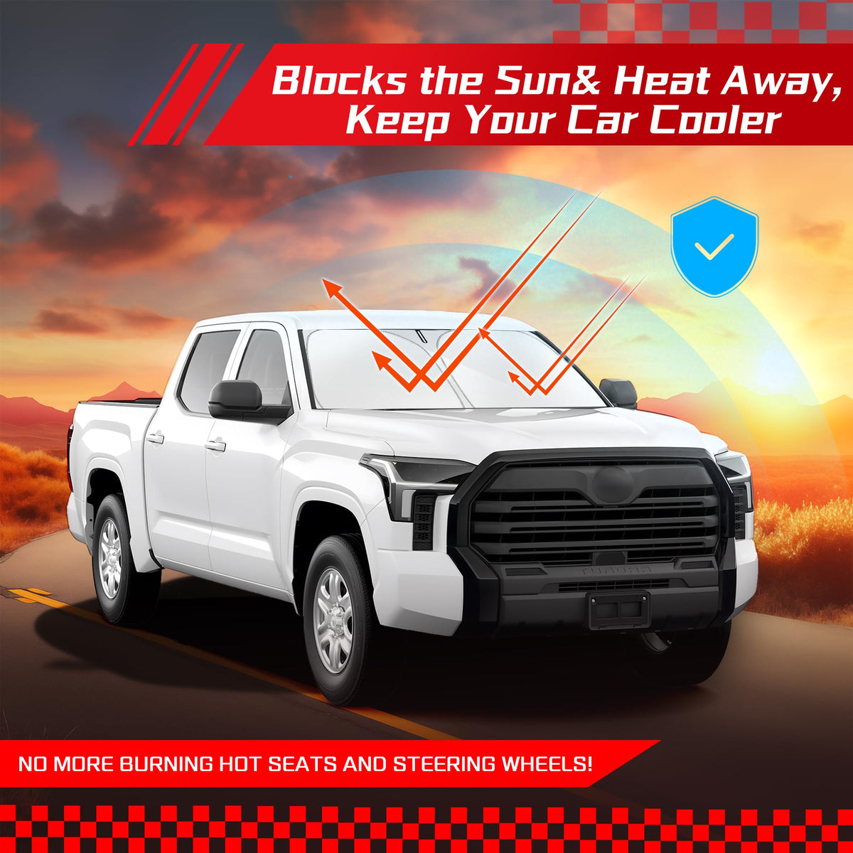 ARISMOTOR sun shade in parked Tundra lifestyle scene protecting dashboard and seats