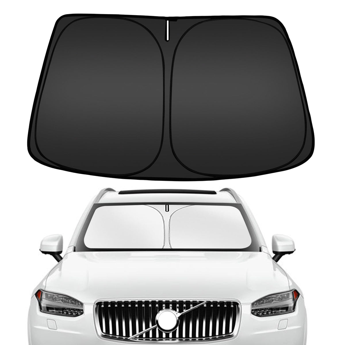 ARISMOTOR windshield cover front view showing full XC90 fit and immediate sun protection