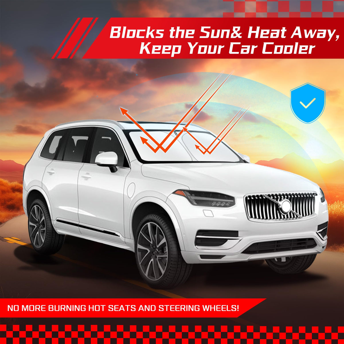 ARISMOTOR sun shade in parked XC90 lifestyle scene preventing sun damage while parked outdoors
