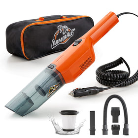 Armor All compact vacuum front view showing size and bright orange finish for easy storage