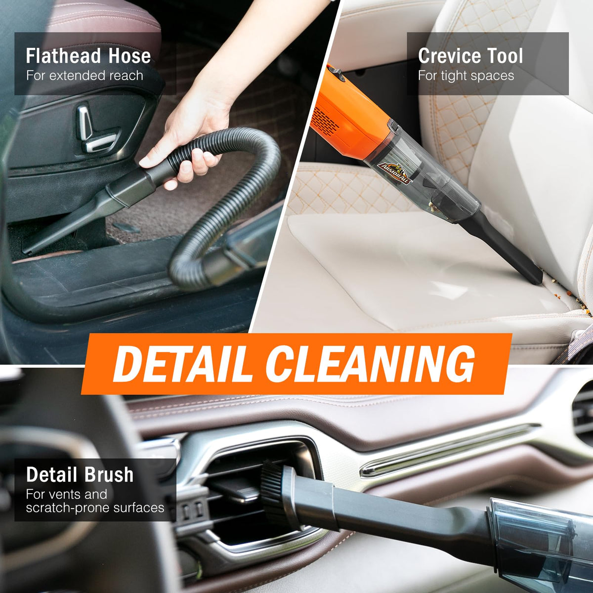 Armor All vacuum in use on car seat removing crumbs and pet hair for cleaner interior