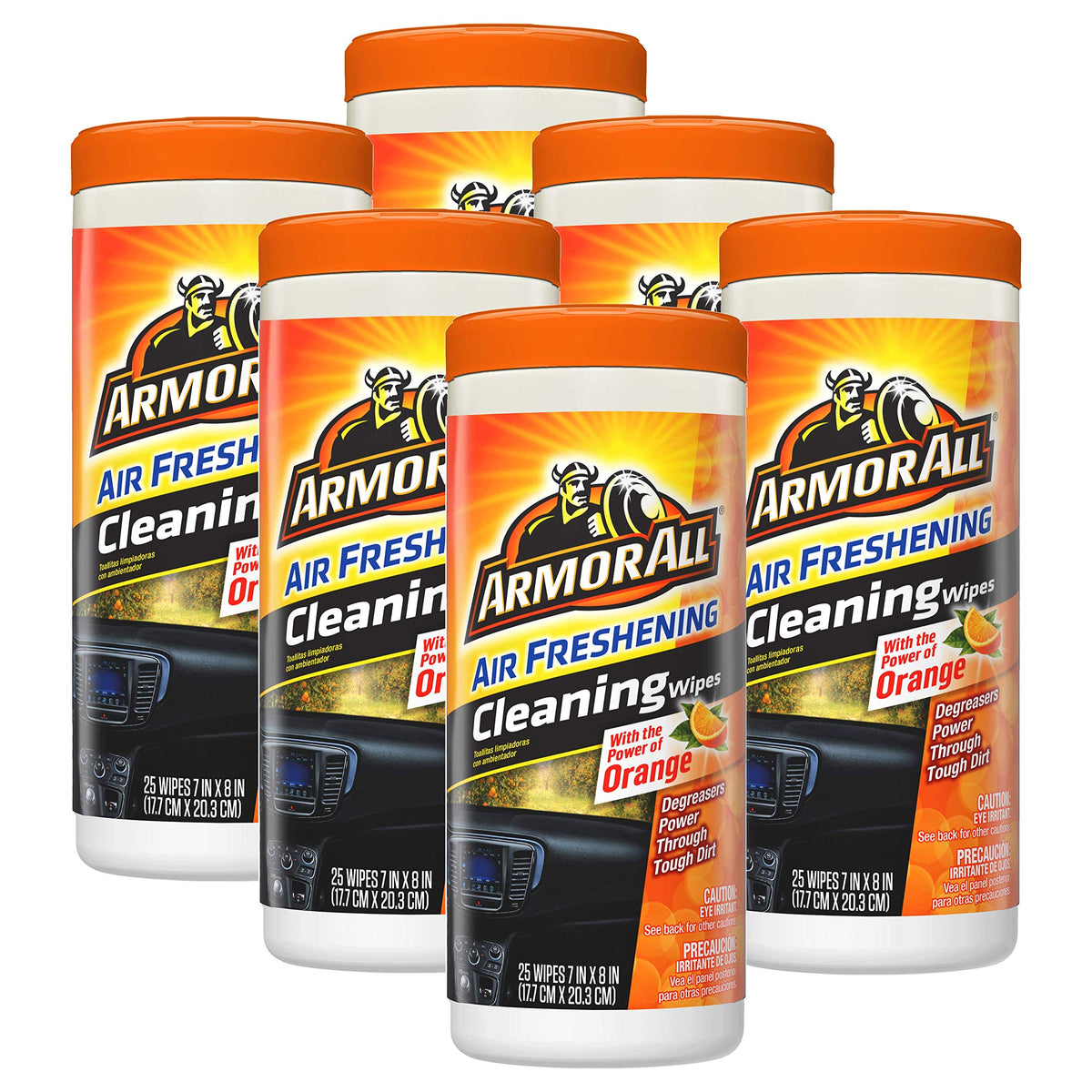 Armor All front canister of orange-scented wipes showing branding and lid — convenient storage benefit