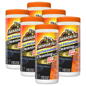 Armor All front canister of orange-scented wipes showing branding and lid — convenient storage benefit