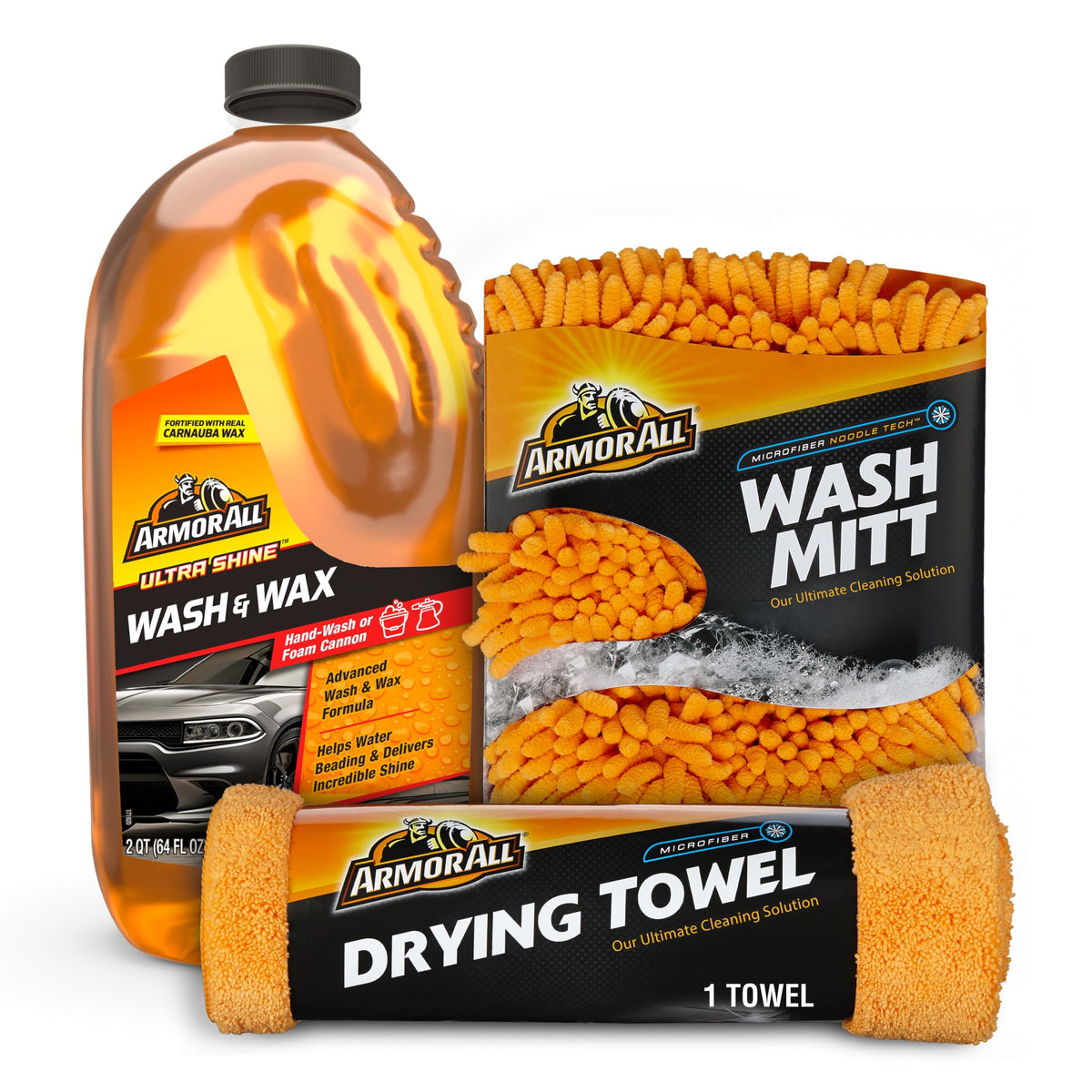 Armor All front packaging bundle showing included wash soap, mitt, and towel for complete cleaning