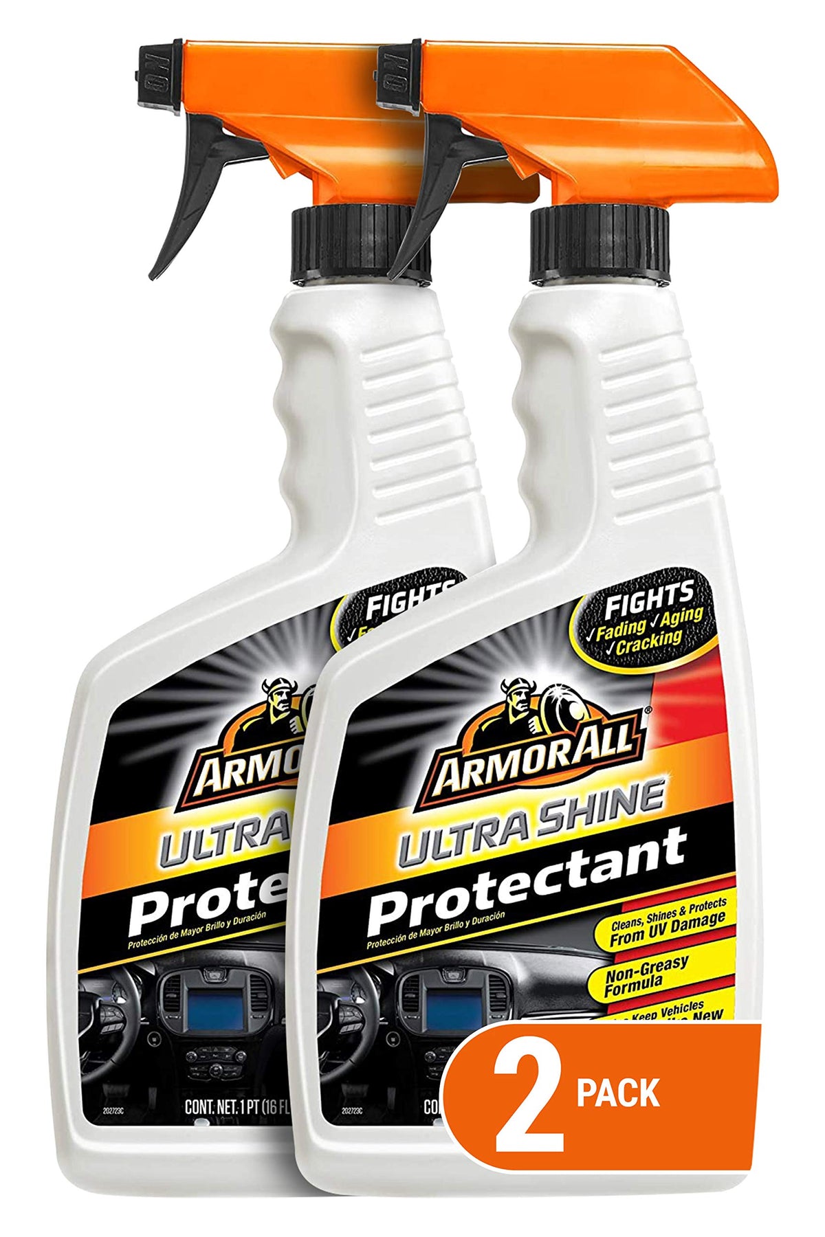 Armor All front packaging showing two 16 oz bottles and glossy finish benefit
