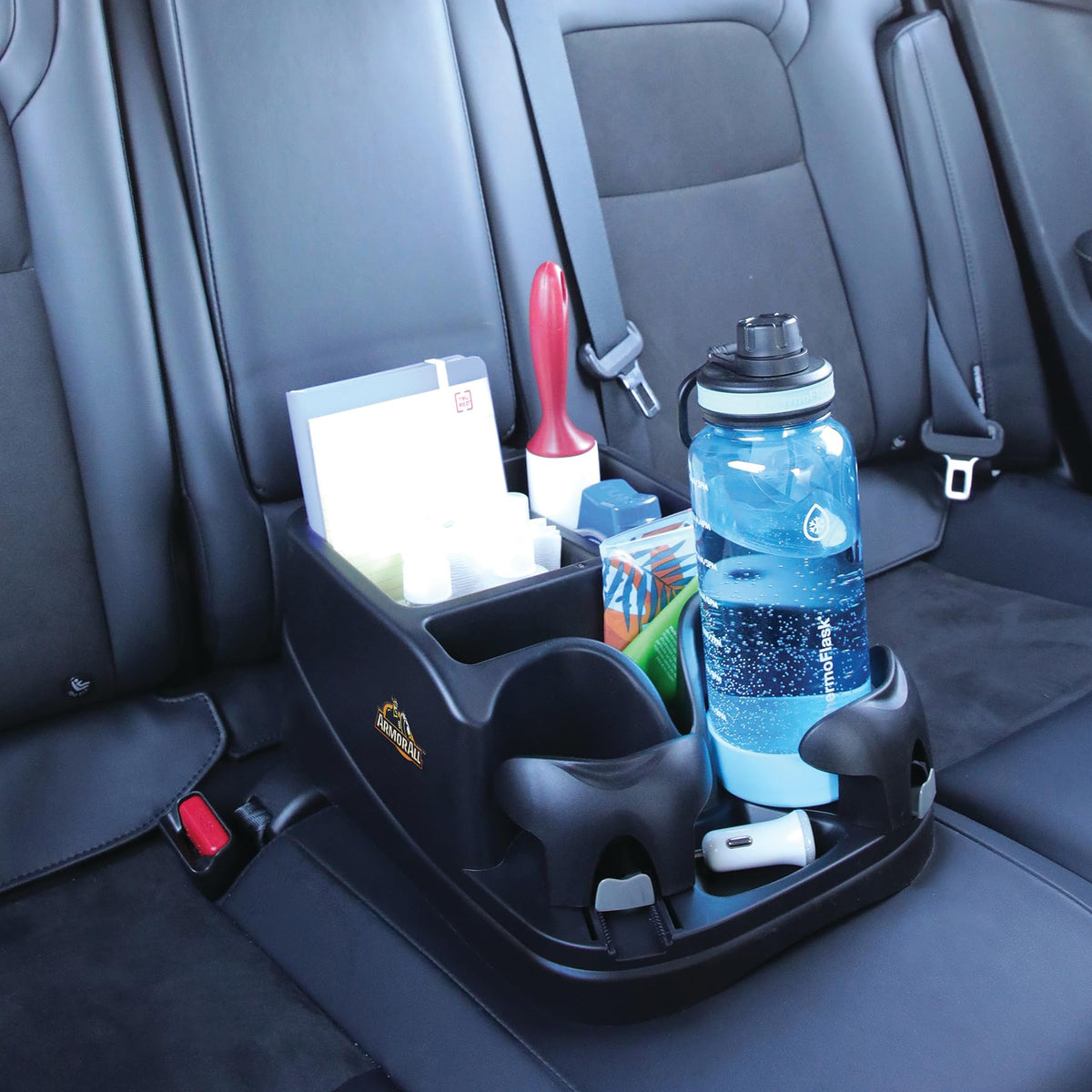 Armor All installed in vehicle center seat showing tidy interior and passenger convenience benefit