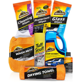 Armor All kit in a lifestyle scene with a person wiping and smelling freshener