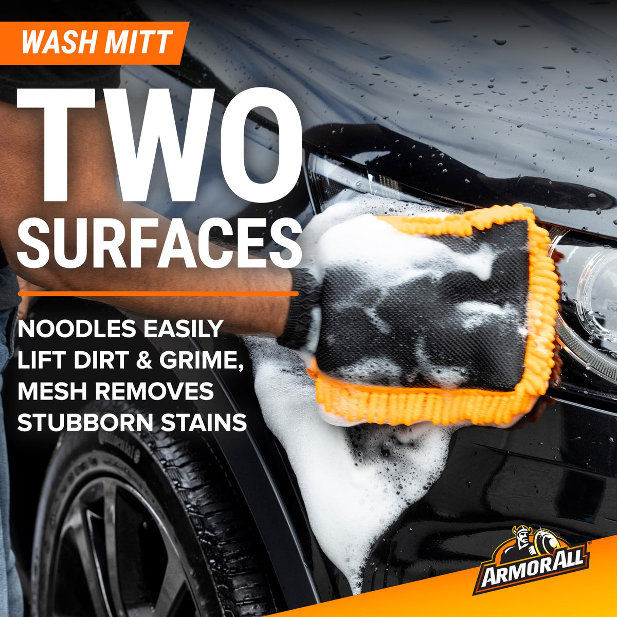 Armor All mitt in use washing car door demonstrating safe dirt removal benefit