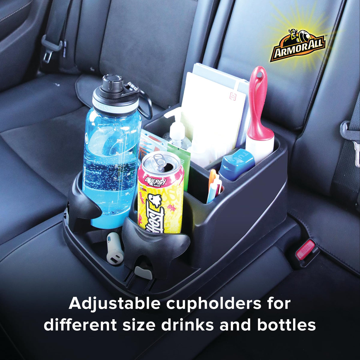 Armor All next to water bottle for scale showing compact footprint and usability benefit
