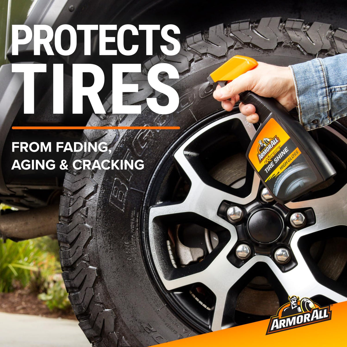 Armor All being applied to a tire sidewall showing even coverage and fast application benefit