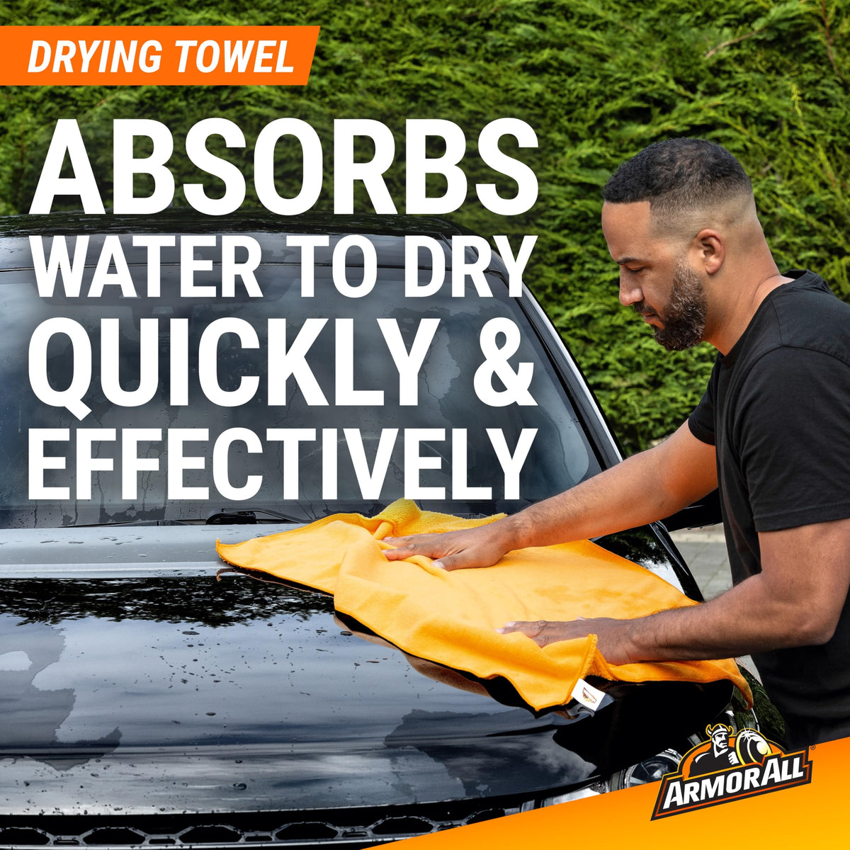 Armor All towel drying hood illustrating efficient water absorption and reduced water spots