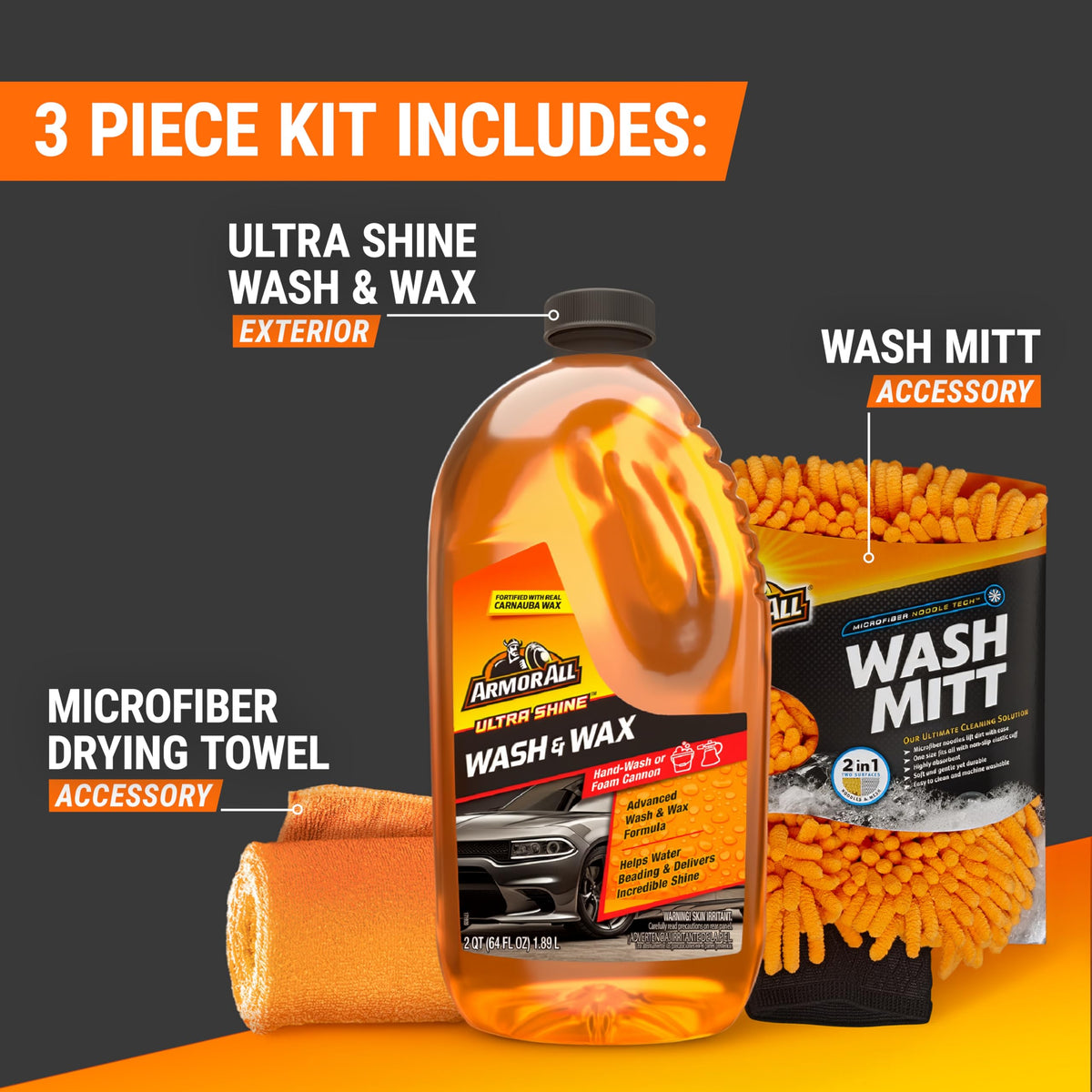 Armor All wash bottle closeup highlighting label and wax formula for glossy finish