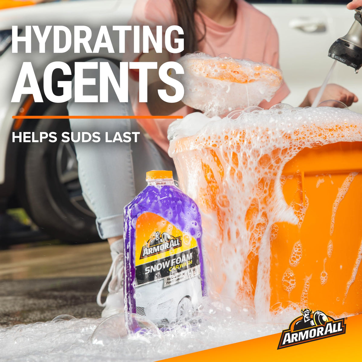 Armor All foam rinsing off a wet car illustrating effective residue removal