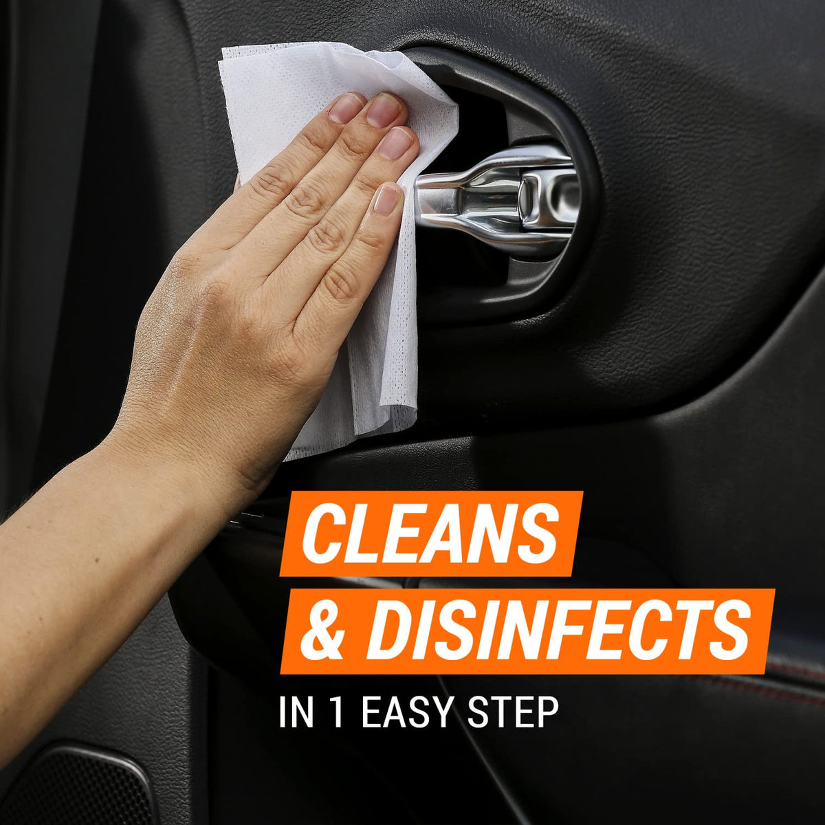 Armor All wipe on a car touchscreen, indicating safe cleaning and clear display visibility