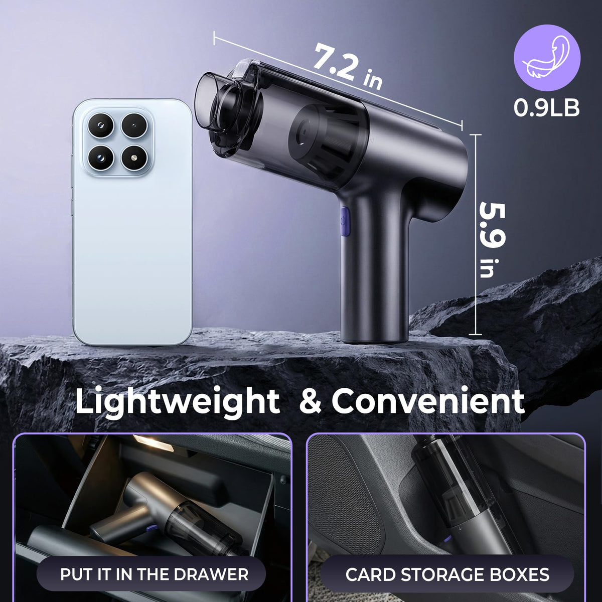 Arovine vacuum and accessories in storage bag fitting inside a glovebox for convenience