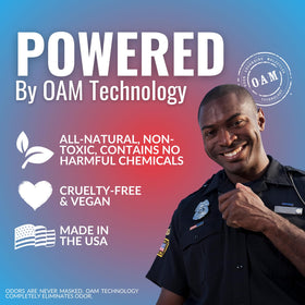 Arrest My Vest bottle in patrol car console showing vehicle interior deodorizing benefit