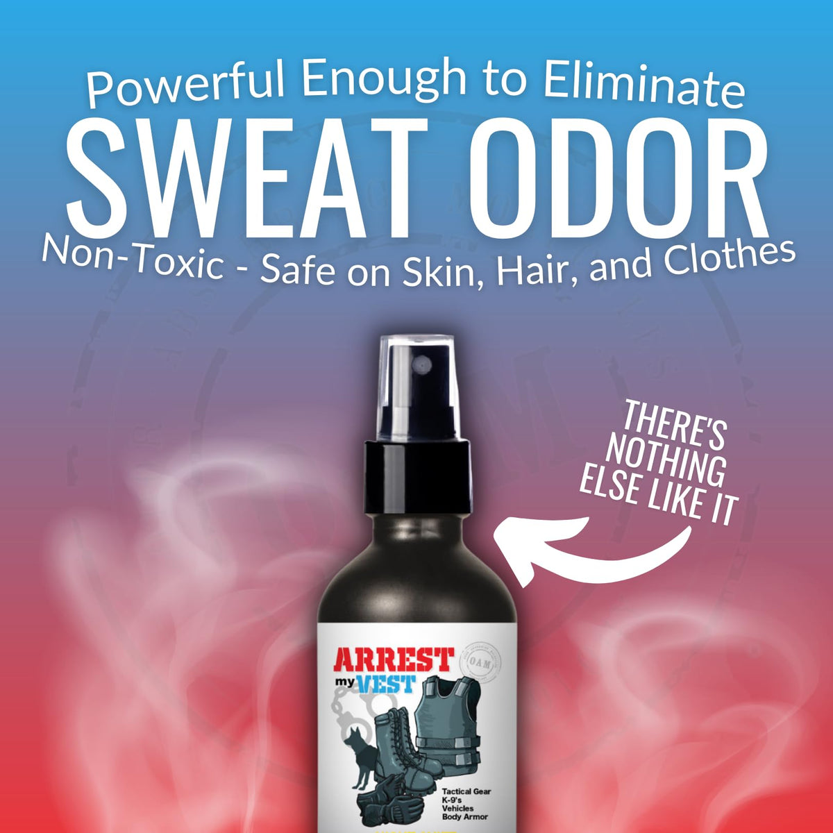 Arrest My Vest sprayed on ballistic vest illustrating safe use on body armor and odor removal