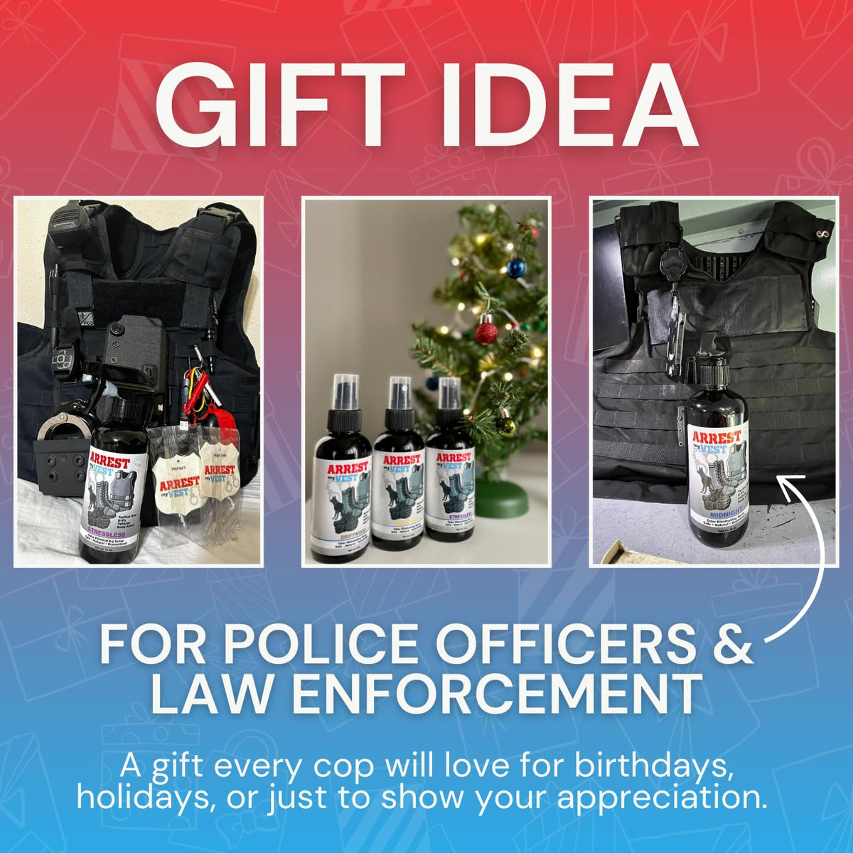 Arrest My Vest held in hand for size comparison showing compact bottles fit duty lockers