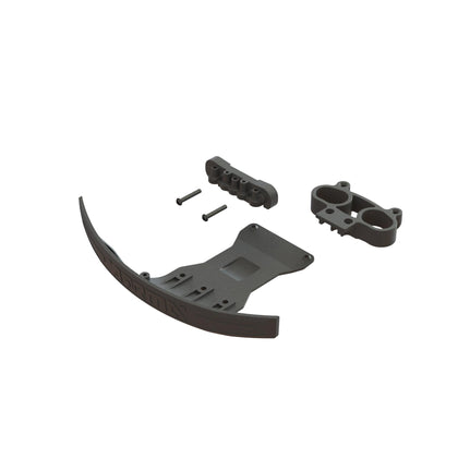 ARRMA bumper close-up showing molded composite and spring for stronger impact protection
