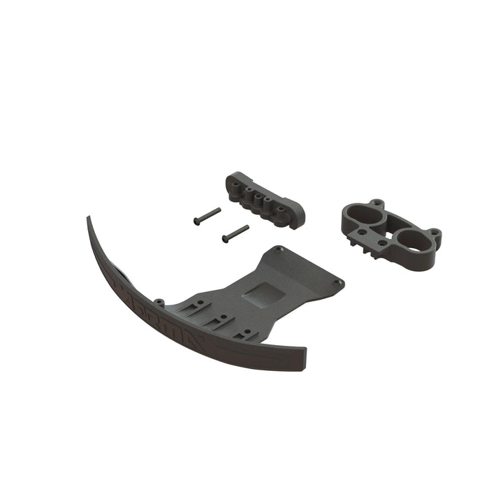 ARRMA bumper close-up showing molded composite and spring for stronger impact protection