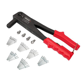 Arrow Fastener front view of riveter kit showing included parts and benefits
