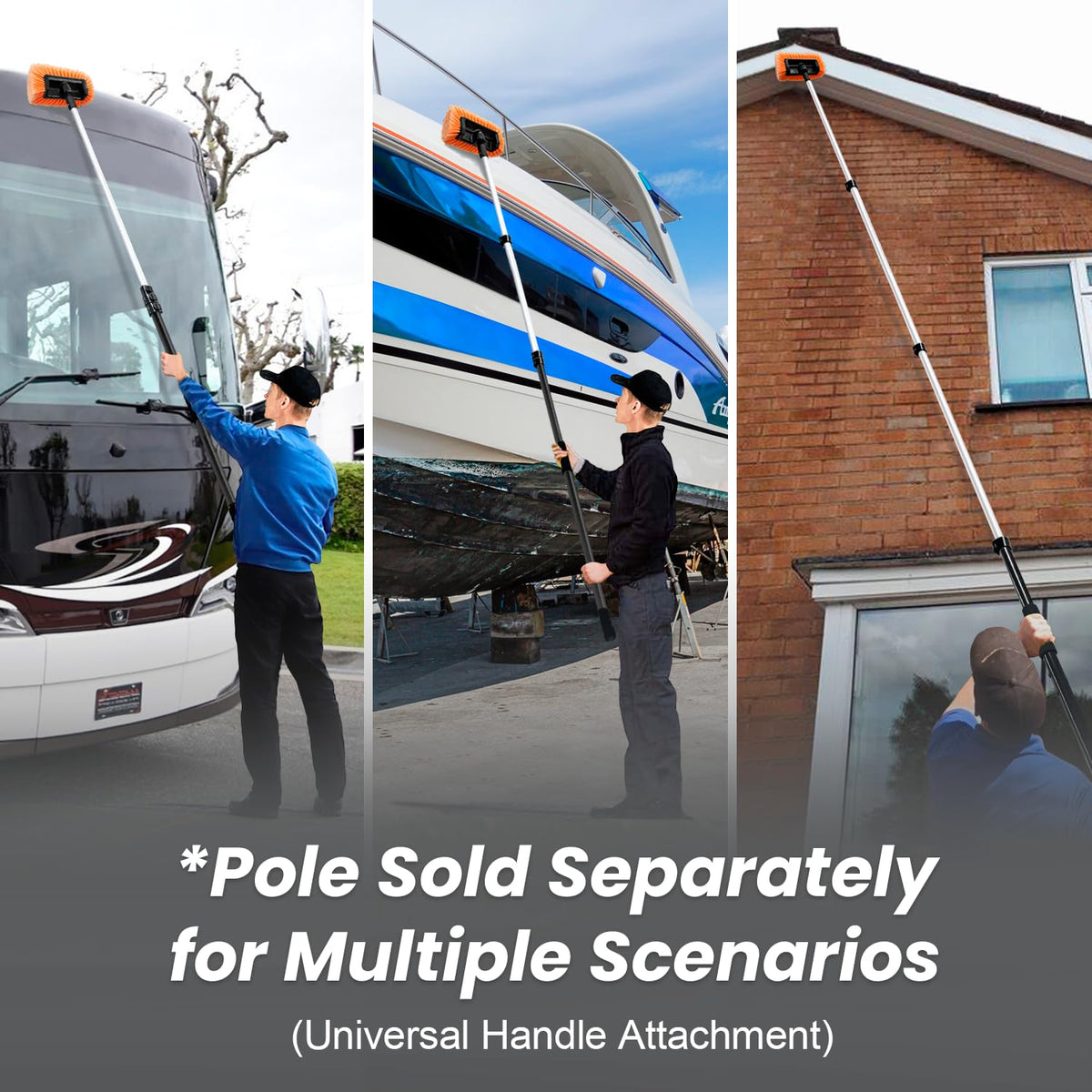 ARTIPOLY brush mounted on extension pole cleaning a vehicle efficiently