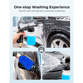 ARTIPOLY foam gun cleaning wheel well, showing safe grime removal capability
