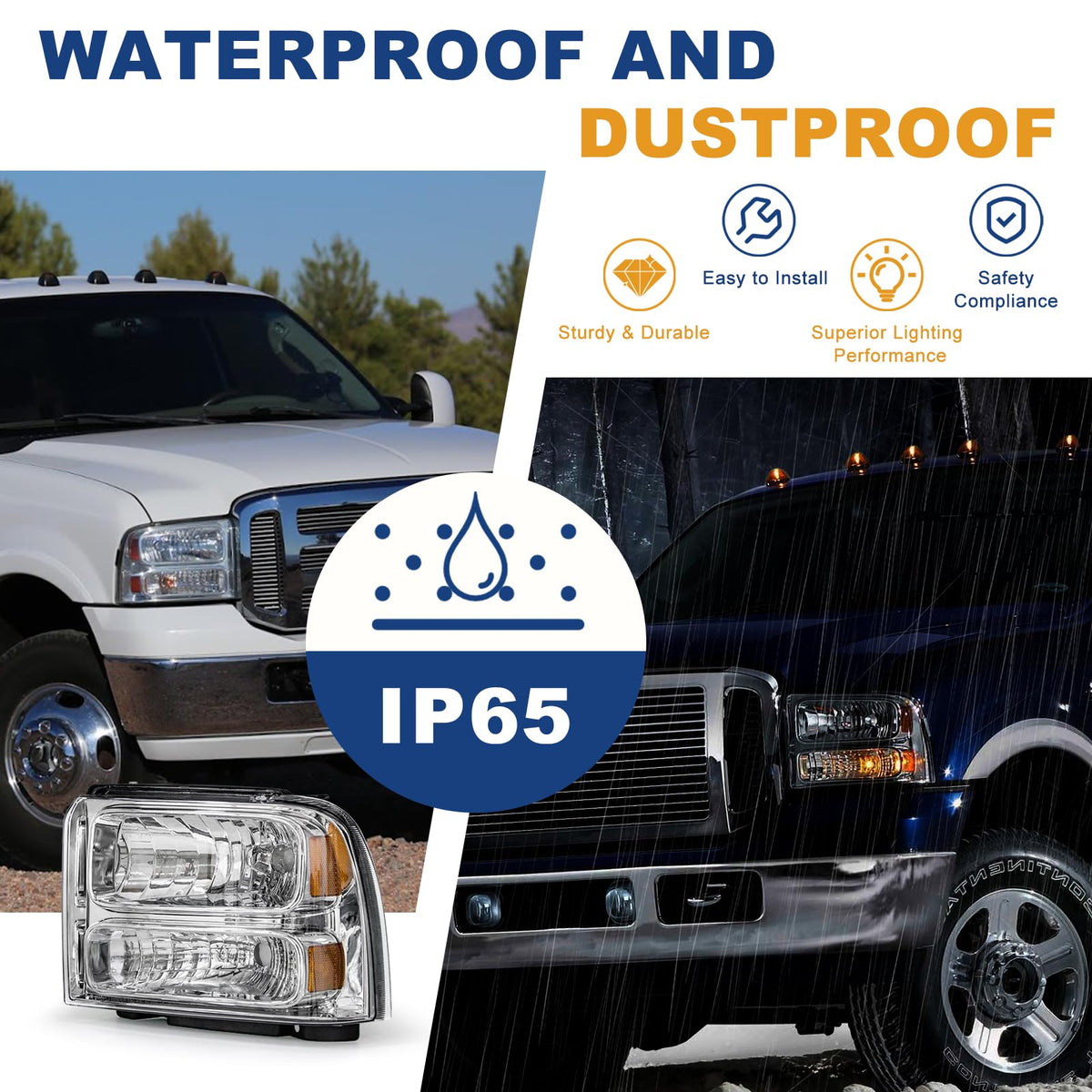 AS headlight installed on Ford Super Duty demonstrating OEM fit and restored front-end look