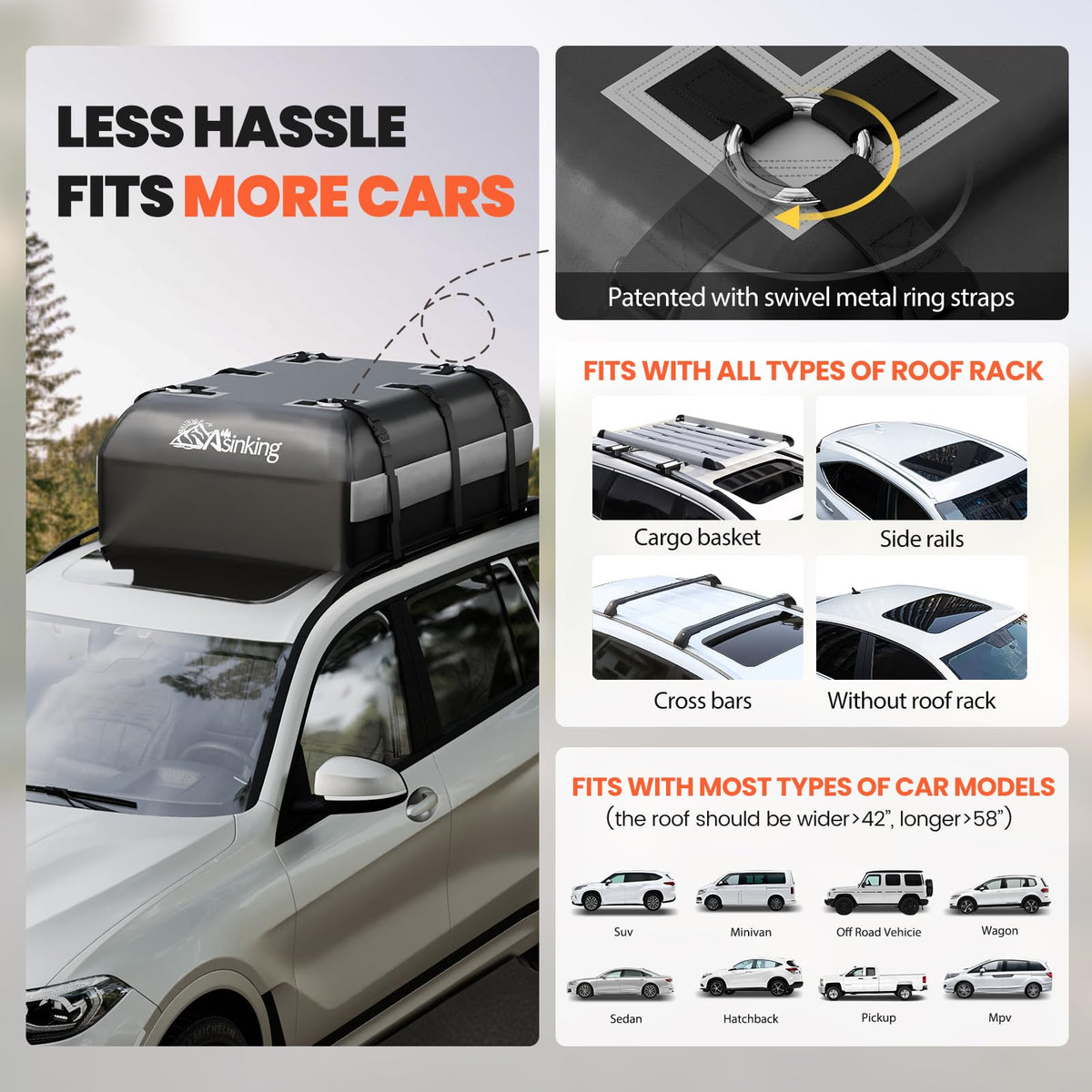 Asinking open bag showing 21 cu ft capacity fitting suitcases and camping gear benefit