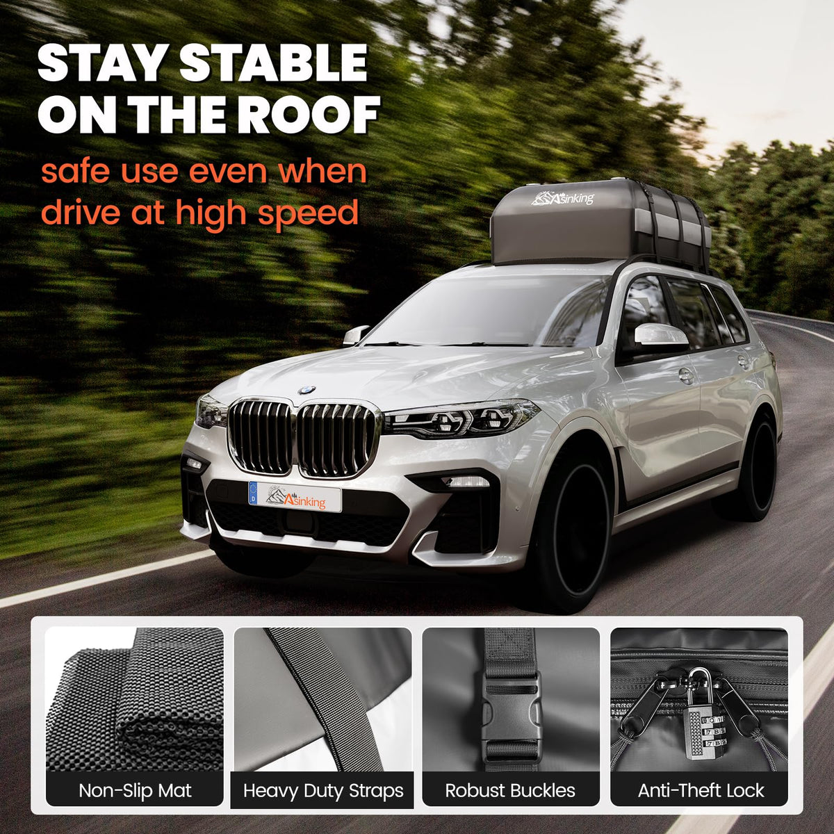 Asinking rooftop carrier mounted on SUV roof demonstrating added cargo capacity
