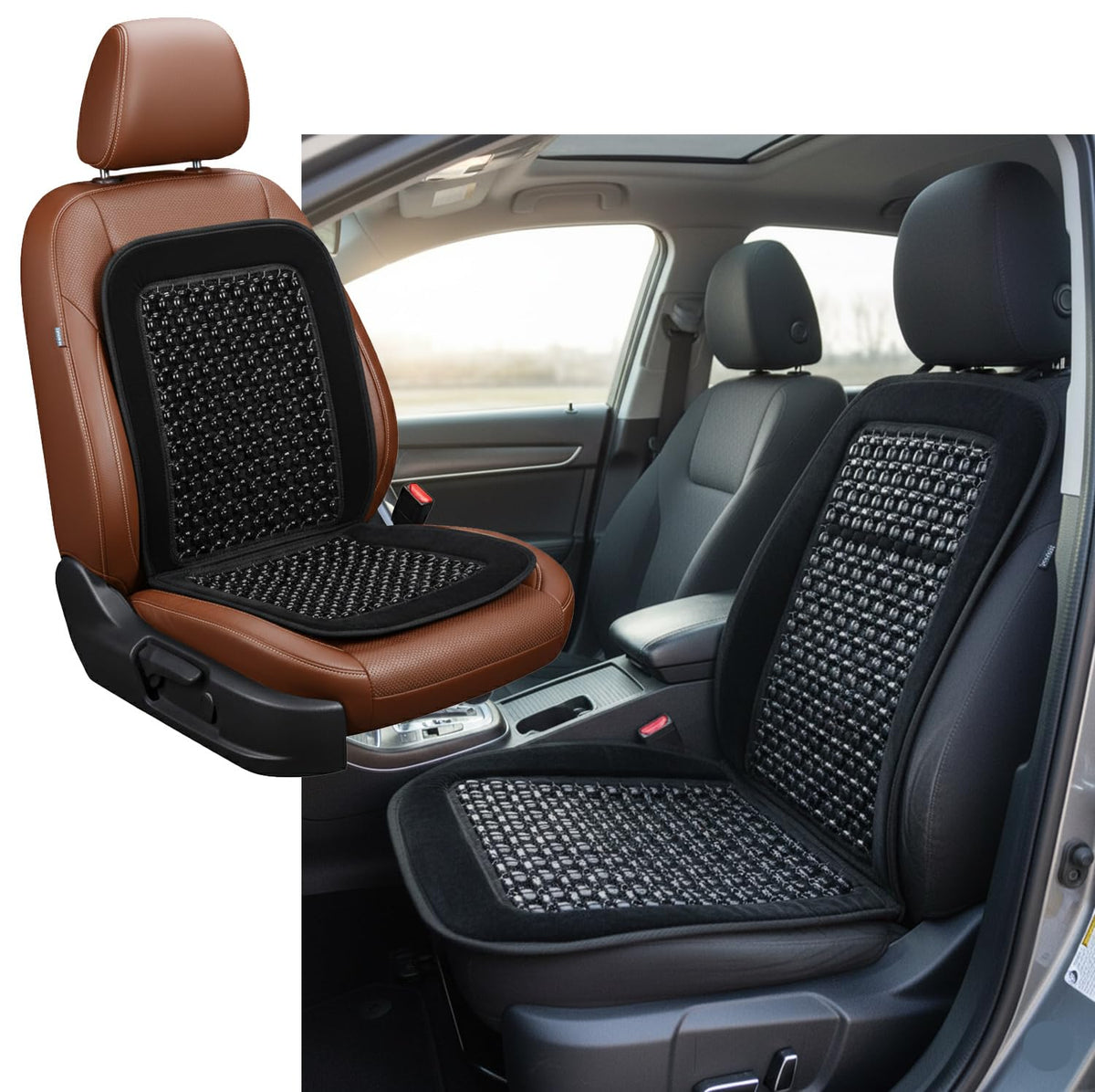 ASLEY close-up of natural wood beads highlighting cooling airflow and massage benefit