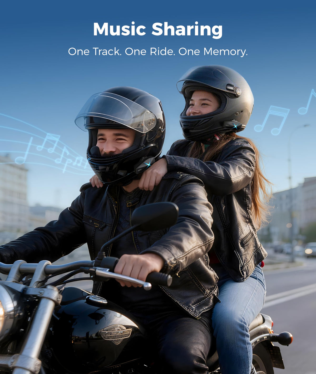 Two riders wearing ASMAX F1 headsets showing group intercom communication