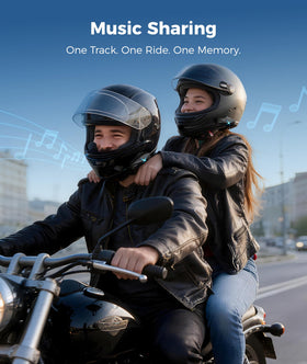 Two riders wearing ASMAX F1 headsets showing group intercom communication