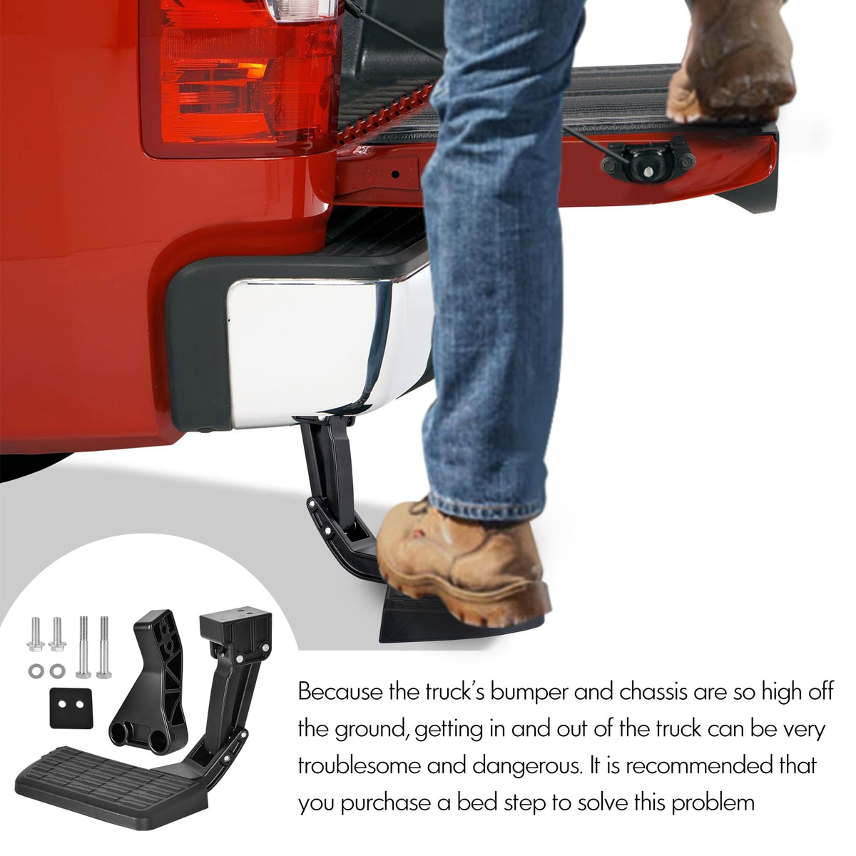 ASOPARTS step extended with foot on it showing stable support and safe truck bed access