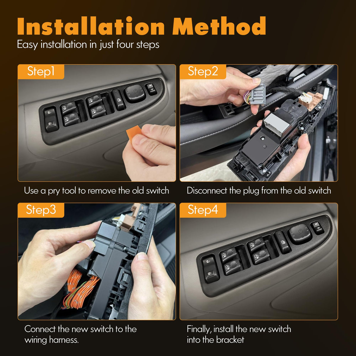 ASOPARTS switch beneath door panel view illustrating direct-fit wiring benefit