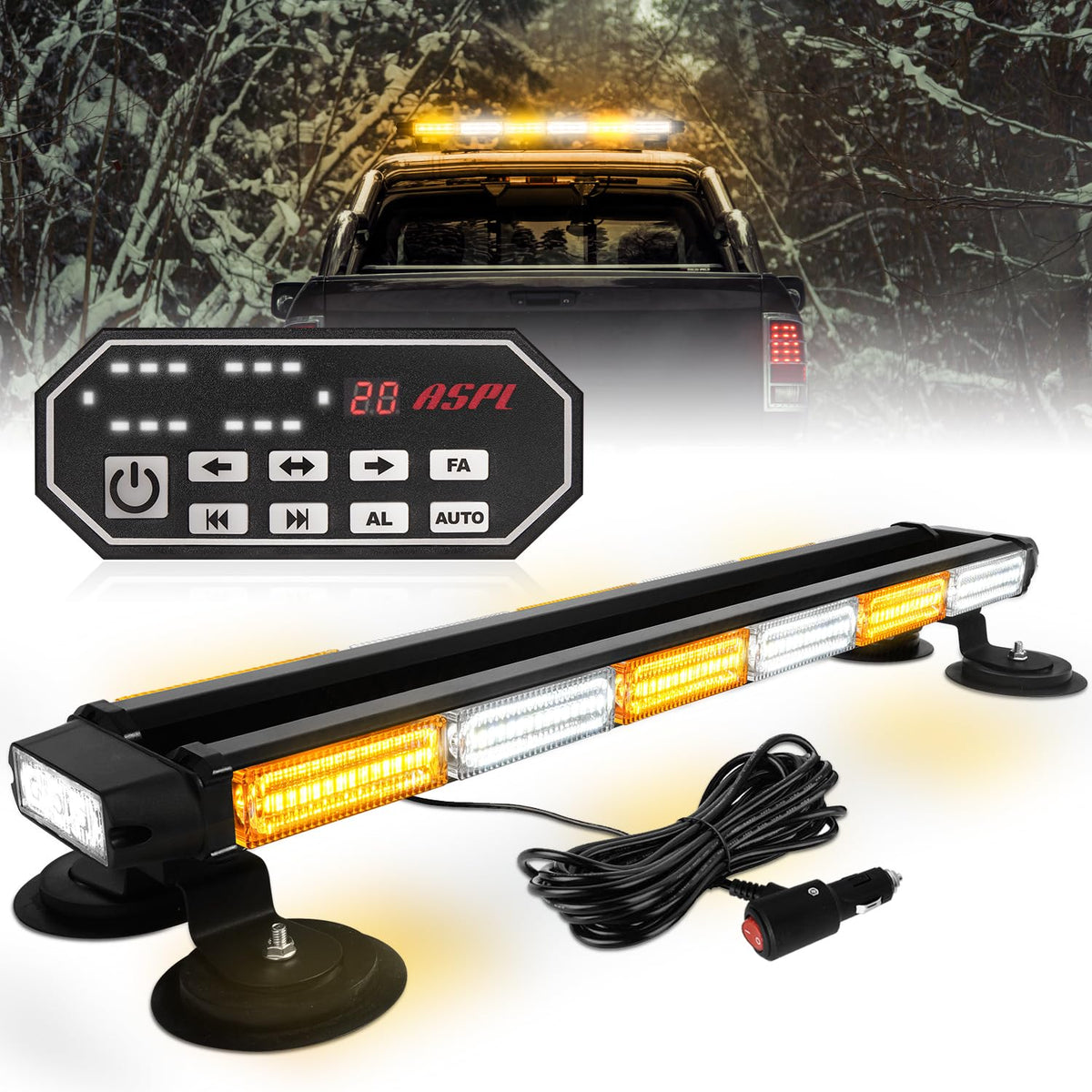 ASPL front view of 26-inch strobe light bar showing bright amber and white LEDs for visibility